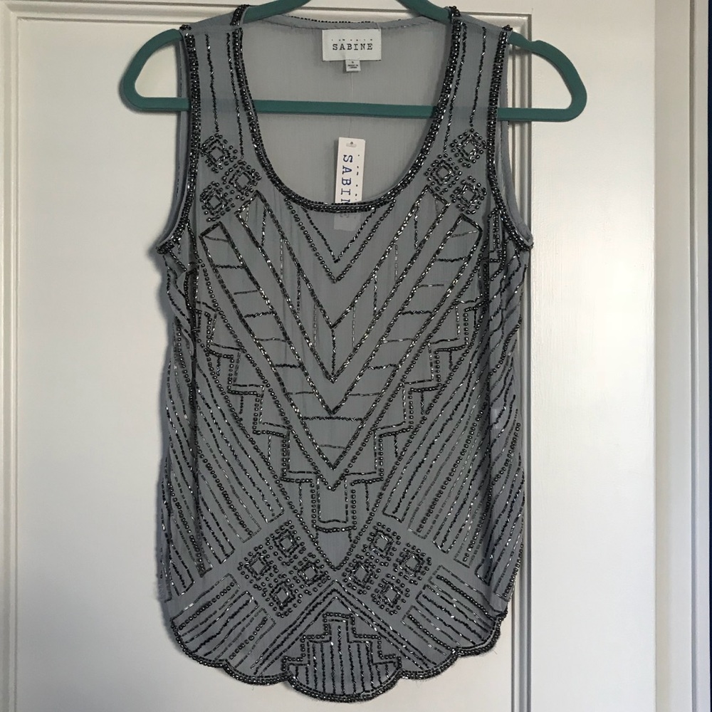 Anthropologie beaded sheer tank top in silver gray